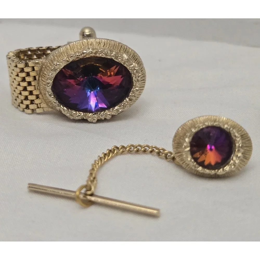 Vintage SWANK Mesh Wrap Around Cufflinks & Tie Tack Set Watermelon Rivoli AB...